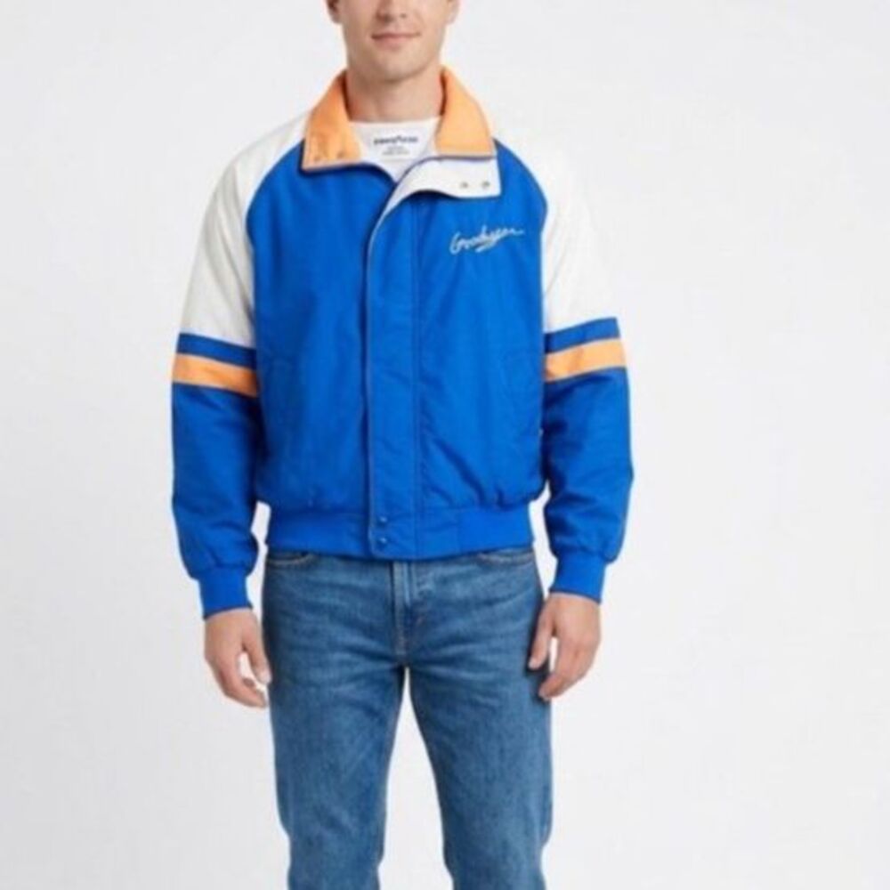 VTG Men's Blue White Goodyear Official Racing Zip Up Windbreaker Jacket Sz M/L